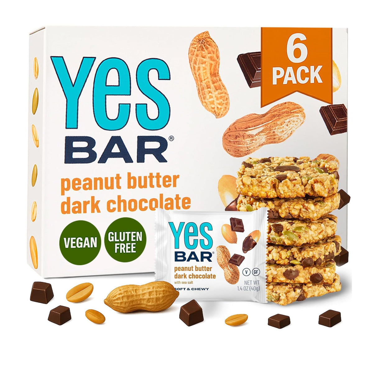 Yes Bar Peanut Butter Dark Chocolate Six Pack